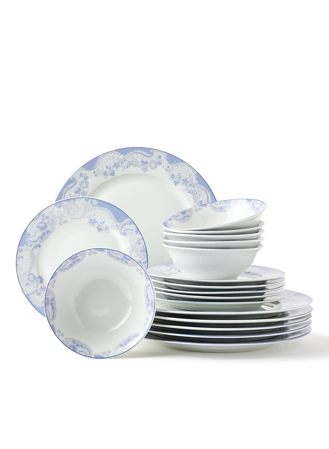 Noon East 18 Piece Porcelain Dinner Set - Dishes, Plates - Dinner Plate, Side Plate, Bowl - Serves 6 - Printed Design Edelweiss Blue White