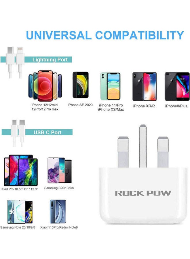 Rock Pow iPhone 14 PD 20W Type-C Charger Plug Universal Travel Adapter Plug Compatible for iPhone 14 Pro Max/14 Pro/14 Plus/14/13/12/11,Samsung White