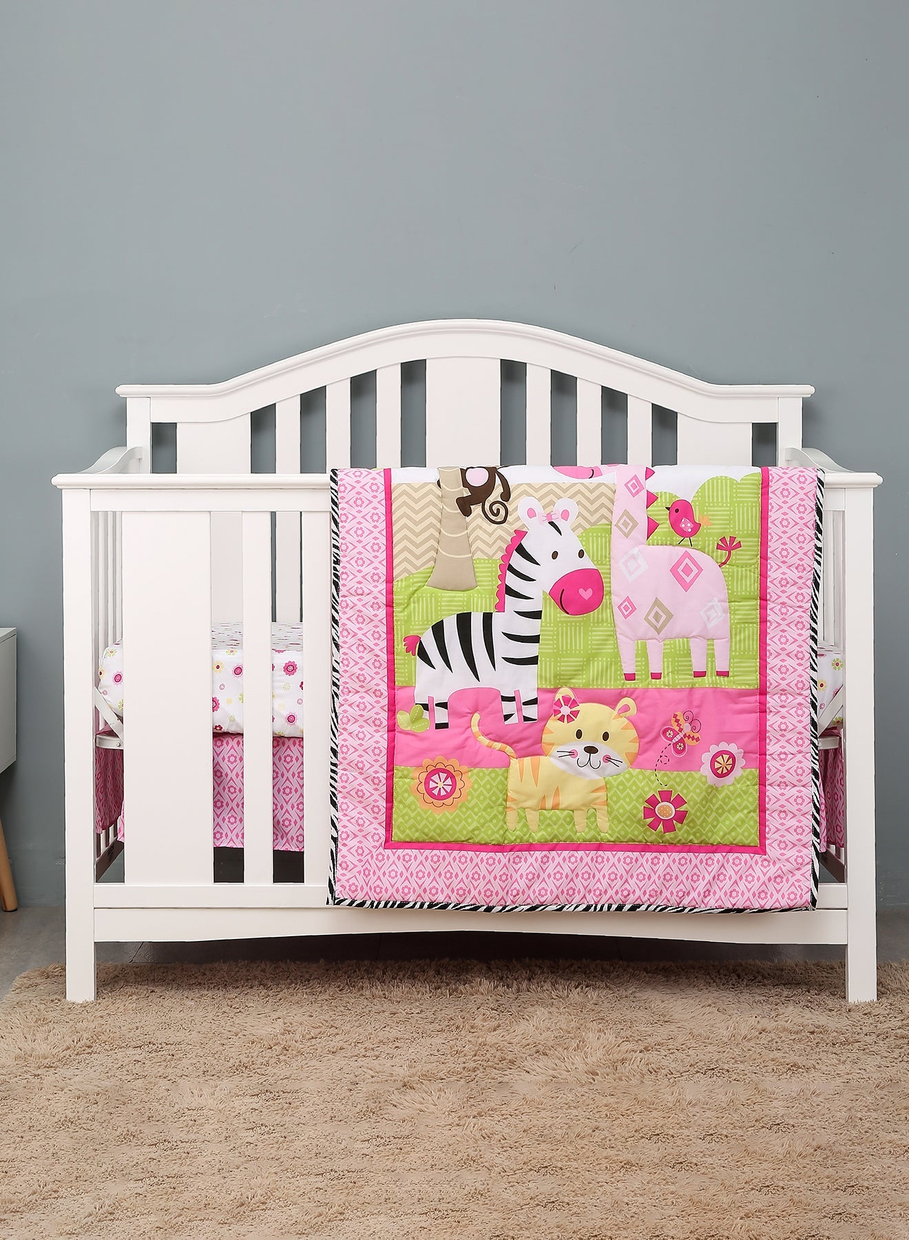 Amal 3-Pieces Cartoon Animals Design Crib Bedding Set Pink Jungle