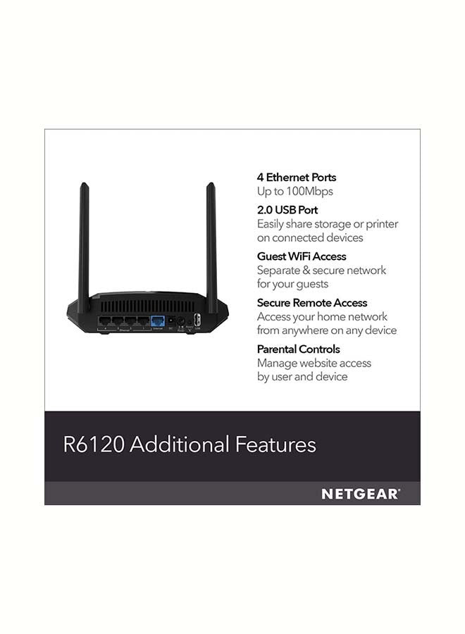 WiFi Router (R6120) - AC1200 Dual Band Wireless Speed (up to 1200 Mbps) | Up to 1200 sq ft Coverage & 20 Devices | 4 x 10/100 Fast Ethernet and 1 x 2.0 USB ports Black