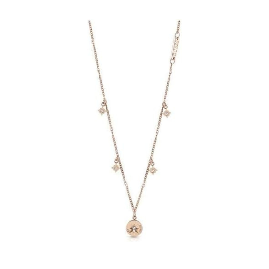 Guess UBN20029 Circular Pendant Necklace with Engraved Logo and Zircon Embellishments - Rose Gold, Stainless Steel