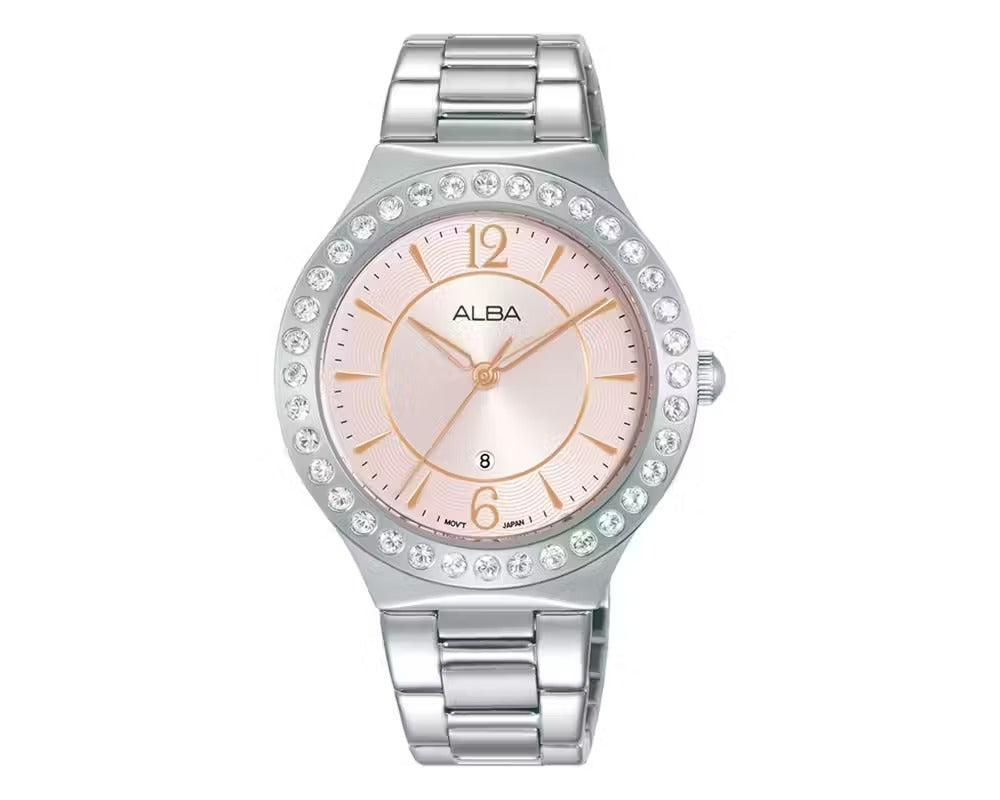 Alba Fashion Stainless Steel Bracelet Band Analg Watch for Women pink Dial AH7Z95X1, L.Pink, SS Bracelet