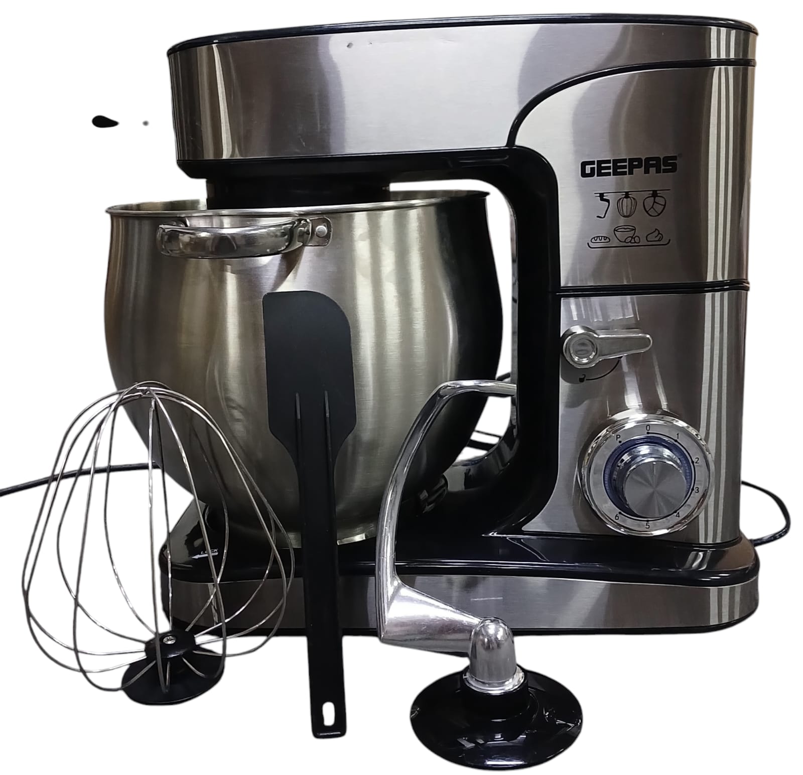 Geepas Kitchen Machine, 6 Level Mixing Speed Control, GSM43042 12L Stainless Steel Bowl with Handles LED Power Indicator 6 Speed with Pulse 2000W Powerful Motor, Silver Used