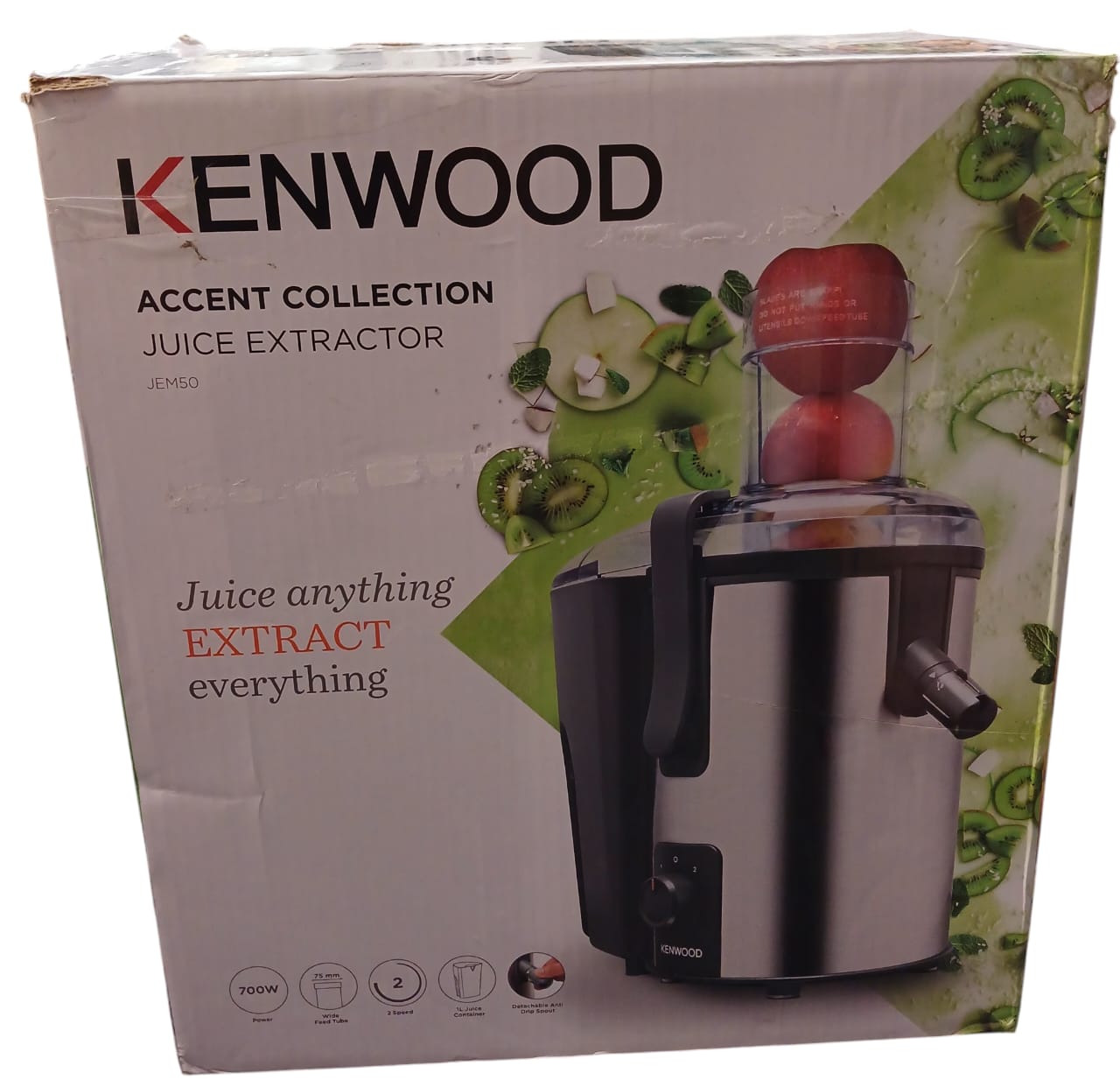 Kenwood Juicer 700W Stainless Steel Juice Extractor with 75mm Wide Feed Tube, 2 Speed, Transparent Juice Jug, Pulp Container, Anti Drip for Home, Office, Restaurant &Cafeteria JEM50.000BS Silver/Black (Used)