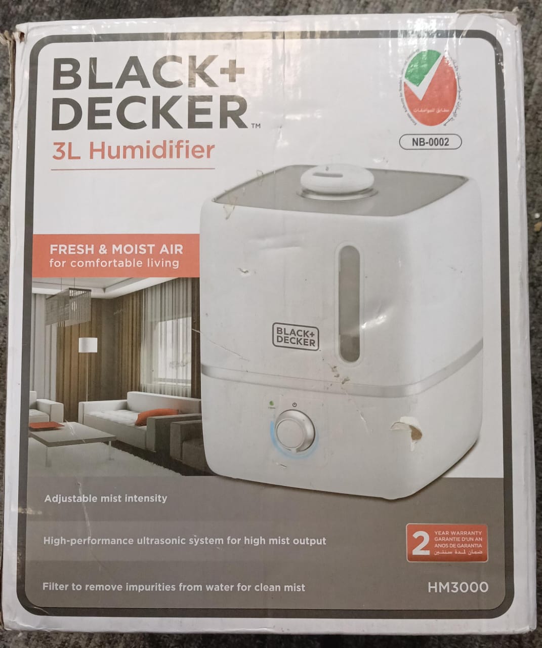 Black+Decker 3L Air Humidifier Area Coverage 430sqft Ultrasonic System With Mist Level Control, Auto Shutoff and Water Indicator That Removes Impurities From The HM3000-B5 (Used)