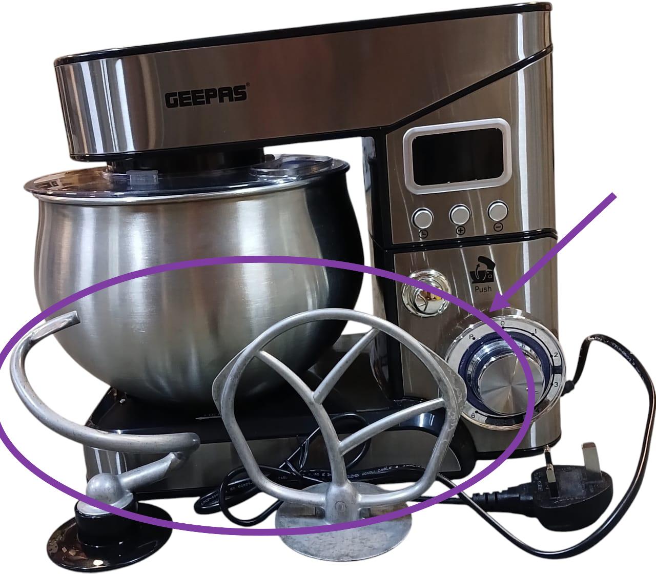 Geepas Digital Multi Function Kitchen Machine, GSM43046 6 Speed Control Electric Mixer with Dough Hook, Whisk, Beater 5L Stainless Steel Bowl Lid 1300W Powerful Motor, Silver (Used)