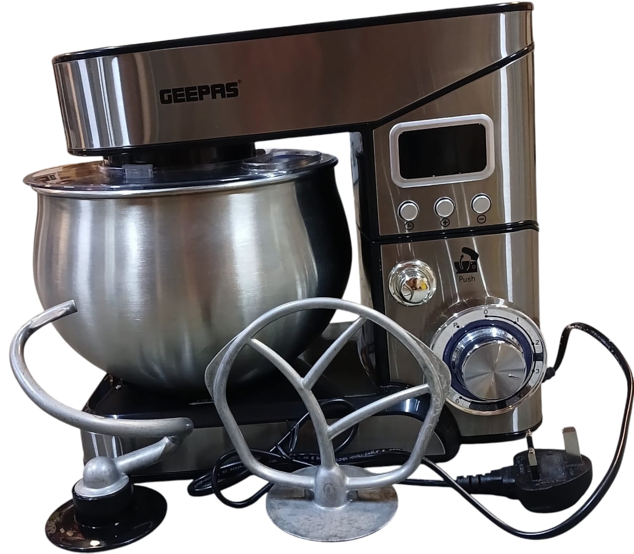 Geepas Digital Multi Function Kitchen Machine, GSM43046 6 Speed Control Electric Mixer with Dough Hook, Whisk, Beater 5L Stainless Steel Bowl Lid 1300W Powerful Motor, Silver (Used)