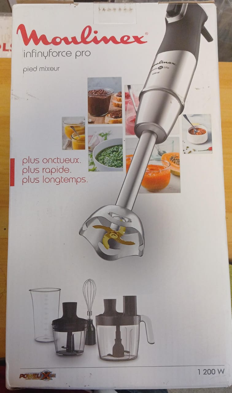 MOULINEX Hand Blender | InfinyForce Hand Stick Blender with Accessories | 1200 W | Silver/Black | Stainless Steel/Plastic  DD95JD27 (Used)