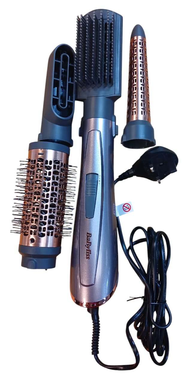 مجفف ومصفف شعر BaByliss بقوة 1000 واط | إعدادين للحرارة + خيار التبريد | تقنية أيونية للشعر الخالي من التجعد | يتضمن ملحقات للتجعيد المخروطي، والتكثيف، والتجفيف الدقيق مع حقيبة حرارية | موديل AS136SDE (رمادي)