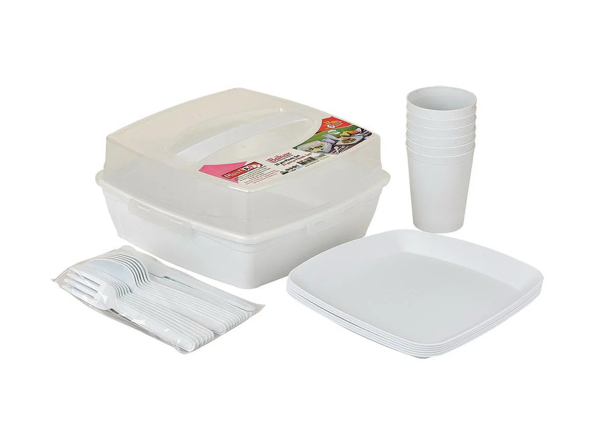 32-Piece Plastic Picnic Set (6 Plates - 6 Forks - 6 Spoons - 6 Knives - 6 Cups - Salt and Pepper - Storage Box) - Cream