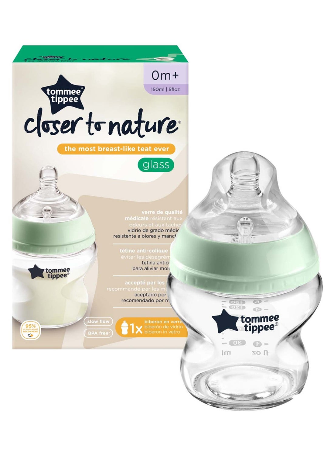 Tommee Tippee Pack Of 1 Closer To Nature Glass Baby Bottle Slow Flow Breast-Like Teat With Anti-Colic Valve For 0 Months+, Clear