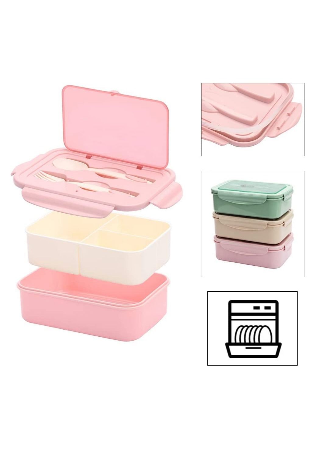 BELLSBERRY Lunch Box for Adults & Kids, 1400ml Food Container with 3 Compartments and Cutlery Set (Fork and Spoon) - Microwave and Dishwasher Safe (Pink)