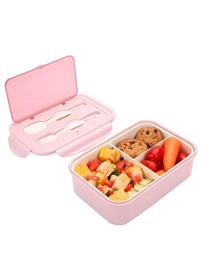 BELLSBERRY Lunch Box for Adults & Kids, 1400ml Food Container with 3 Compartments and Cutlery Set (Fork and Spoon) - Microwave and Dishwasher Safe (Pink)