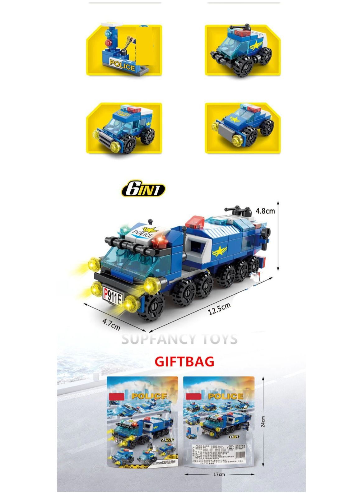 HEXABEX 6 IN 1 City Police Truck Patrol Car SWATLego Building Blocks Sets Kit DIY Figures Bricks Educational Toys for Kids Blue