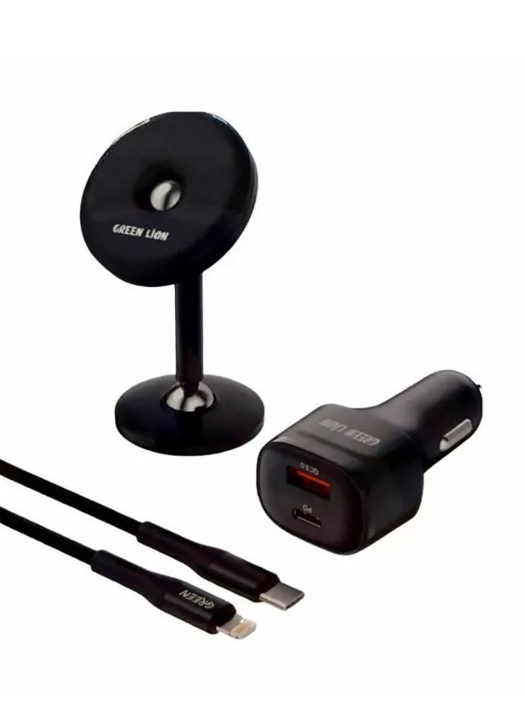 جرين ليون 3 في 1 كومبو (حامل سيارة مغناطيسي / شاحن سيارة 20 واط PD-QC / USB-C إلى لايتنينج - أسود)