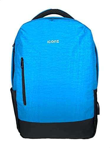 ICONZ BARCELONA Laptop Backpack with Built-In USB Charging Port and Aux Jack - Black and Turquoise