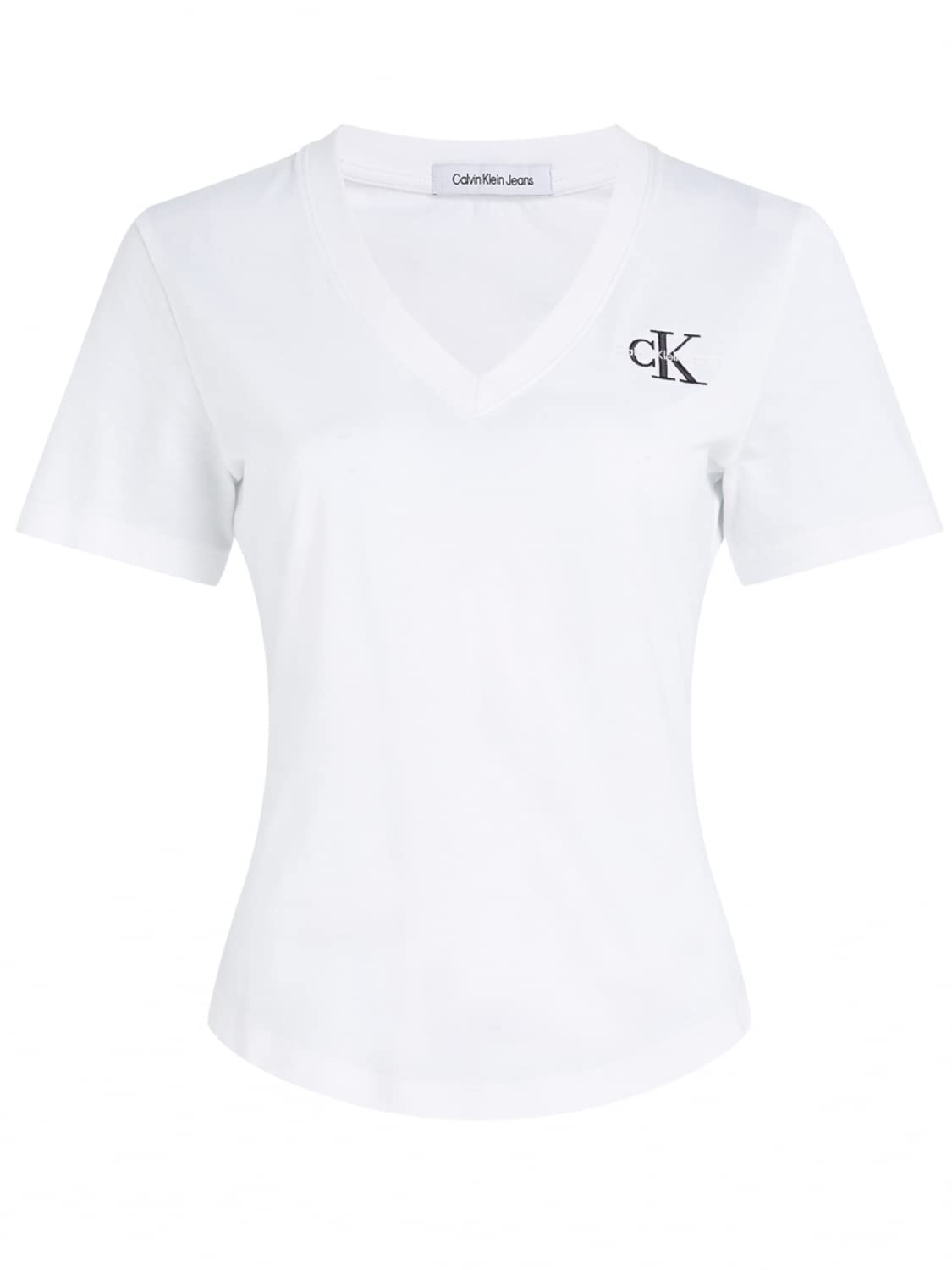 CK JEANS Women's MONOLOGO SLIM V-NEC S/S Knit Tops, Bright White, L