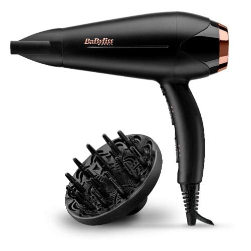 Babyliss Hair Dryer DC Motor, 2200W 3 Heat 2 Speed Cool Shot Slim Concentrator Nozzle, Ionic, Lightweight, Gold Black, Small, Portable with Diffuser D570SDE, 3 YEAR WARRANTY