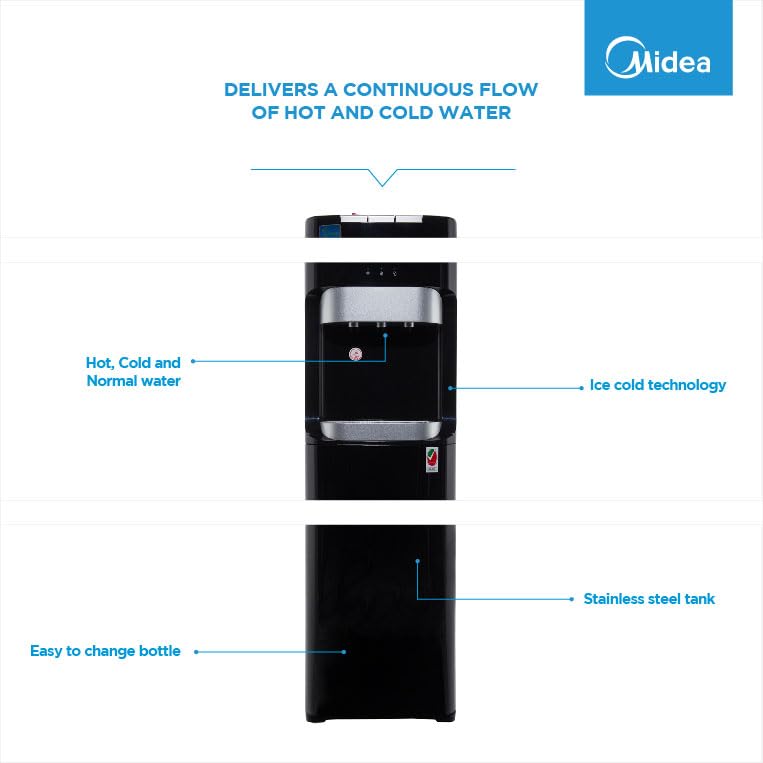 Midea Water Dispenser, Bottom Loading, Hot Cold And Ambient Temperature, Ice Cold Technology, Empty Bottle Indicator, Floor Standing, Child Safety lock, Best for Home, Office & Pantry, Black, YL1633S