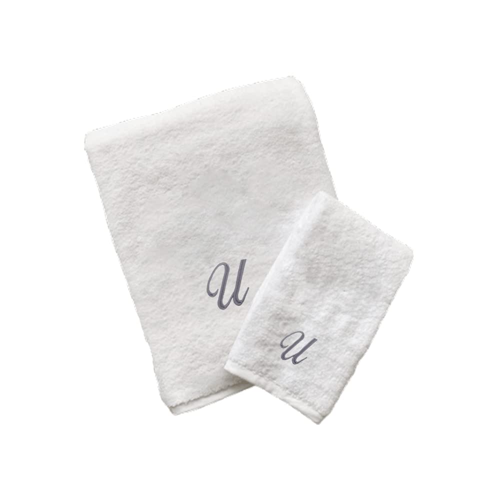 BYFT Embroidered For You (White) Luxury Monogrammed Towels (Set of 1 Hand & 1 Bath Towel) 100% Cotton, Highly Absorbent and Quick dry,Classic Hotel and Spa Quality Bath Linen-600 Gsm (Silver Letter U)