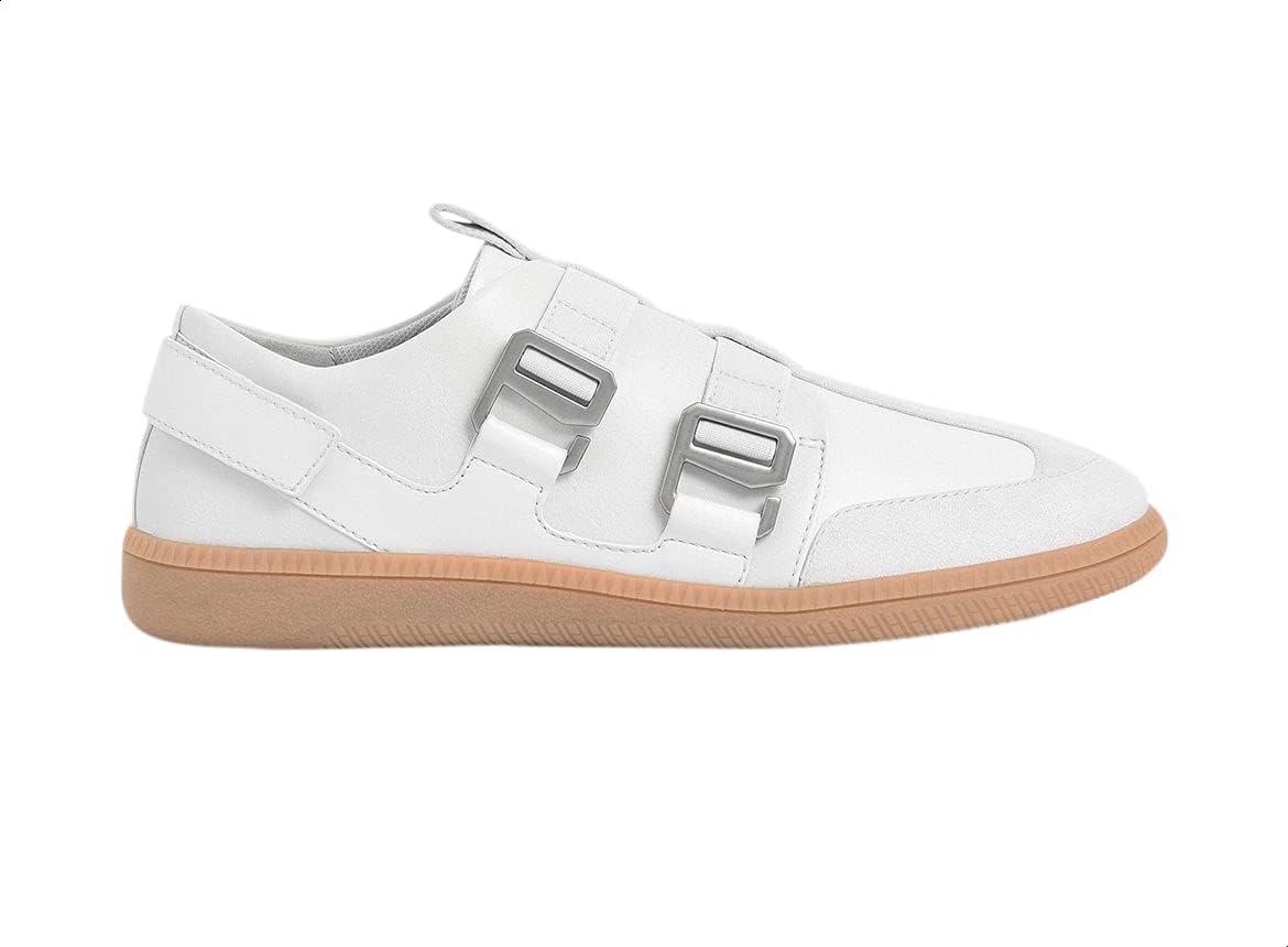 CHARLES & KEITH Women's Side Buckle Suede Faux Leather Slip-on Sneakers - White