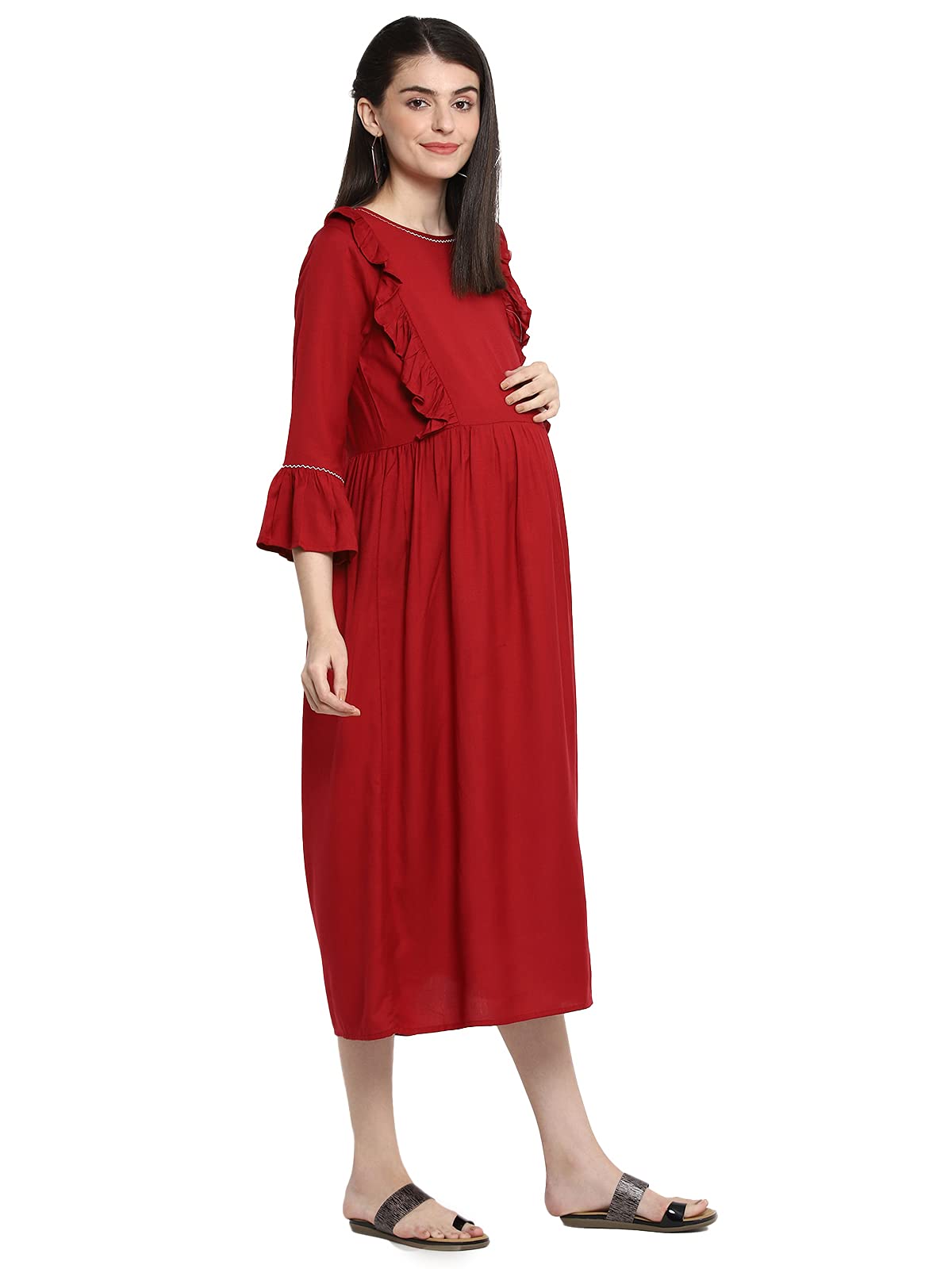 Momstory Women'S Rayon Midi Dress With Frills Details On Yoke (Mdrfn502137)