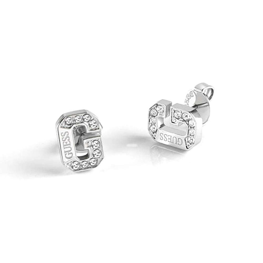 Guess UBE20030 Stainless Steel Zircon Embellished Stone Engraved Logo Stud Earrings for Women - Silver, Crystal