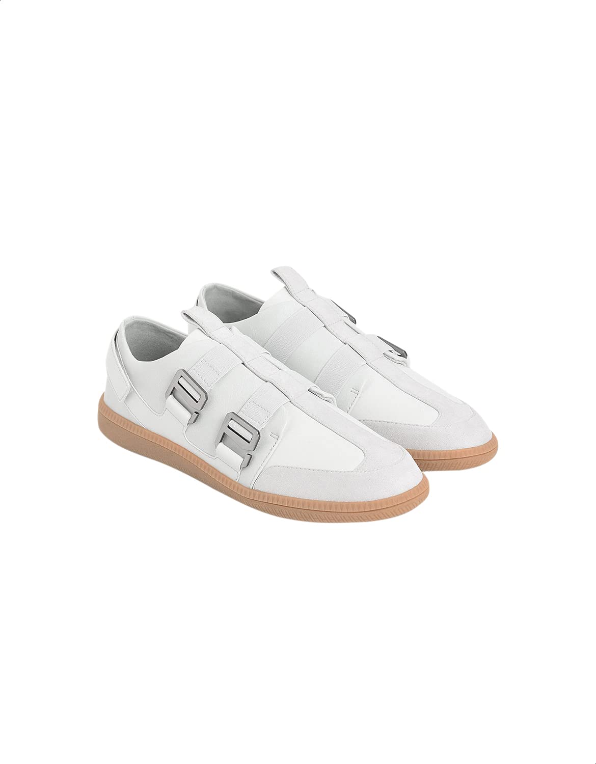 CHARLES & KEITH Women's Side Buckle Suede Faux Leather Slip-on Sneakers - White