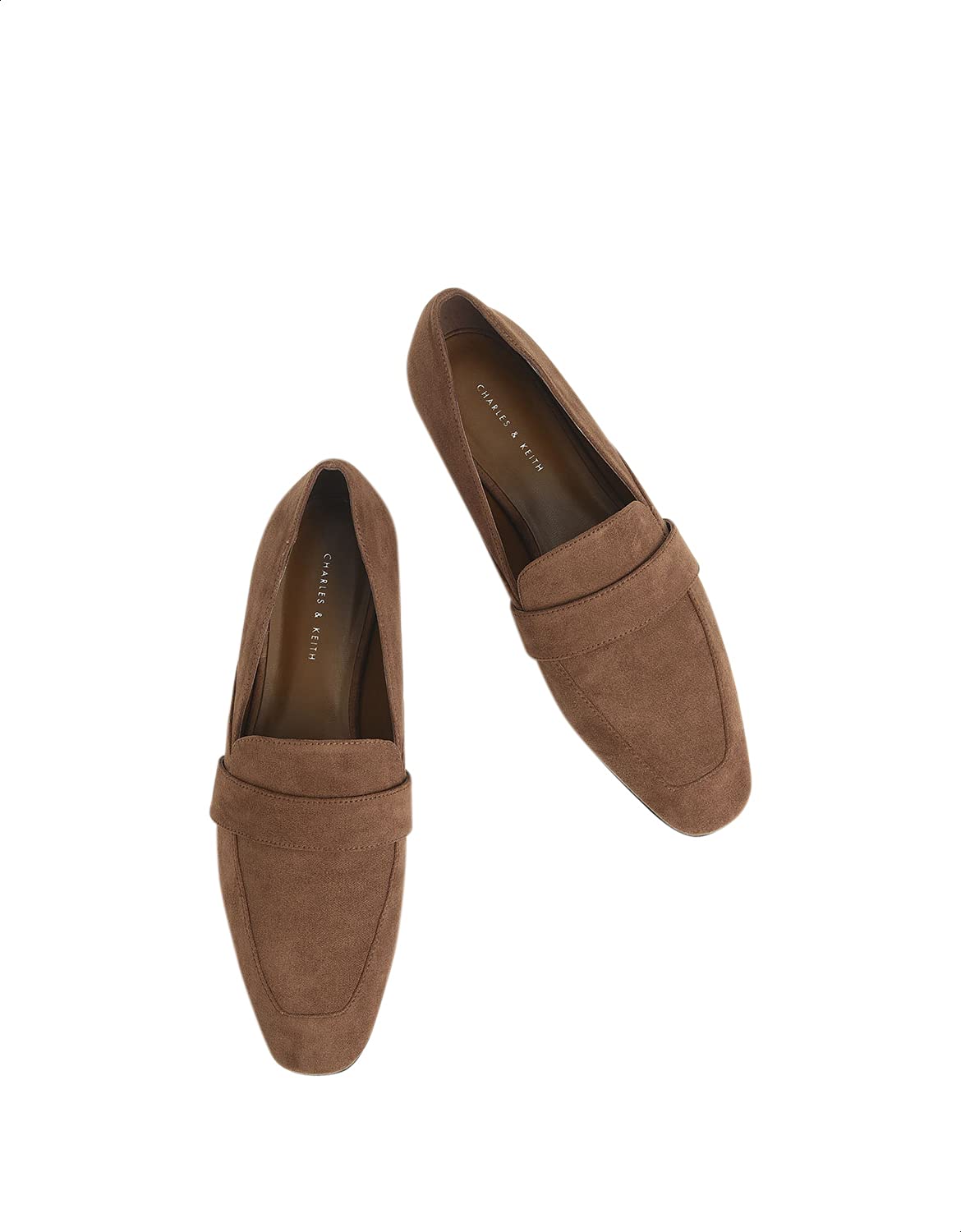 CHARLES & KEITH Women's Front Wide Strap Heeled Suede Loafers - Brown