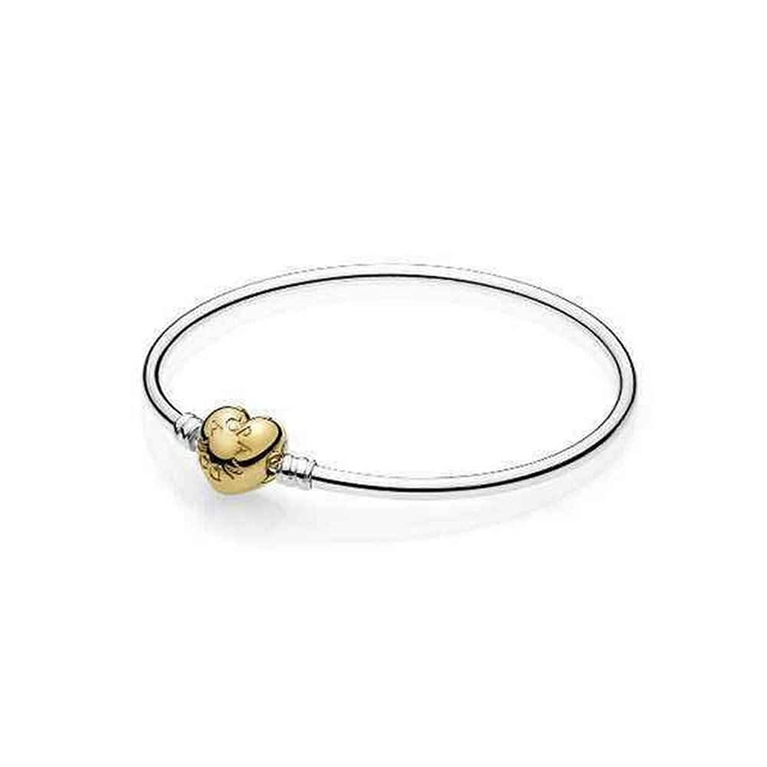 PANDORA Moments Silver Charm Bangle Bracelet Shine 18k Gold Plated Logo Heart Clasp.Silver