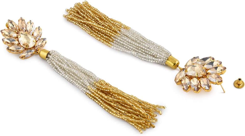 ZAVERI PEARLS Sparkling Crystals 22K Metal Gold Plated Fashion Forward Tassel Earring For Women-Zpfk7531