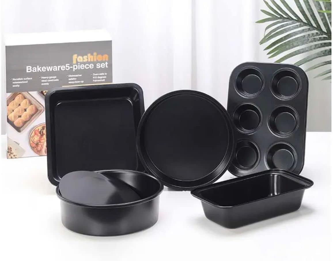 5 Piece Non-Stick Carbon Steel Oven Baking Tray Set Baking Loaf Baking Tray with Pizza Cake Pie Tray - Black