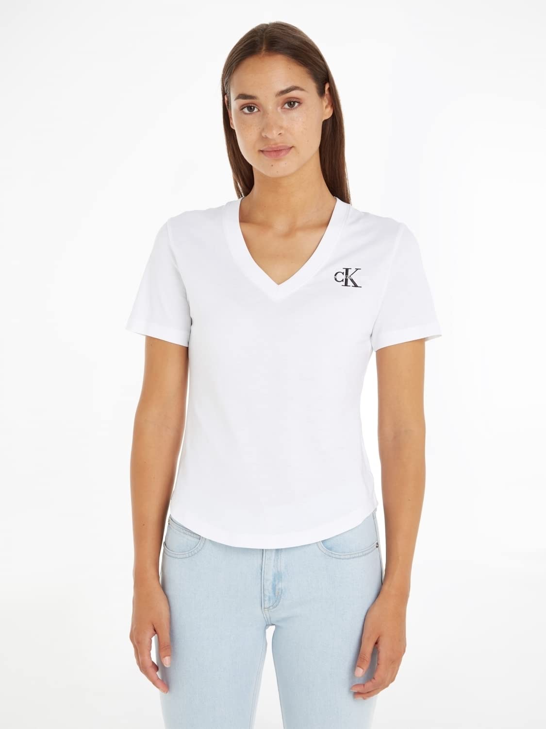 CK JEANS Women's MONOLOGO SLIM V-NEC S/S Knit Tops, Bright White, L