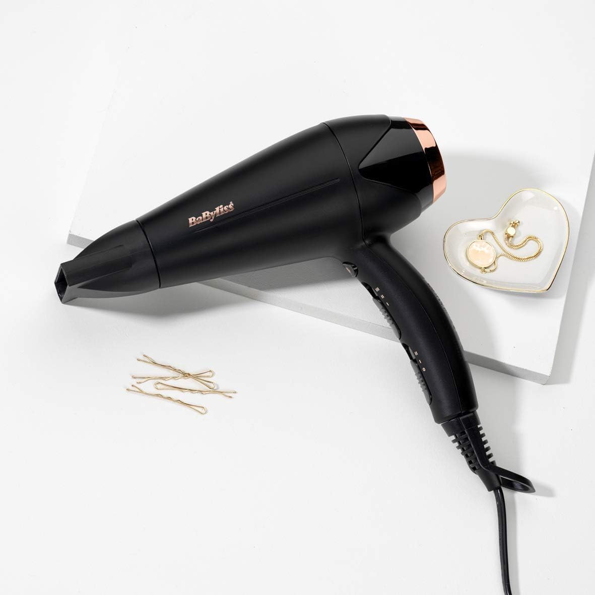 Babyliss Hair Dryer DC Motor, 2200W 3 Heat 2 Speed Cool Shot Slim Concentrator Nozzle, Ionic, Lightweight, Gold Black, Small, Portable with Diffuser D570SDE, 3 YEAR WARRANTY