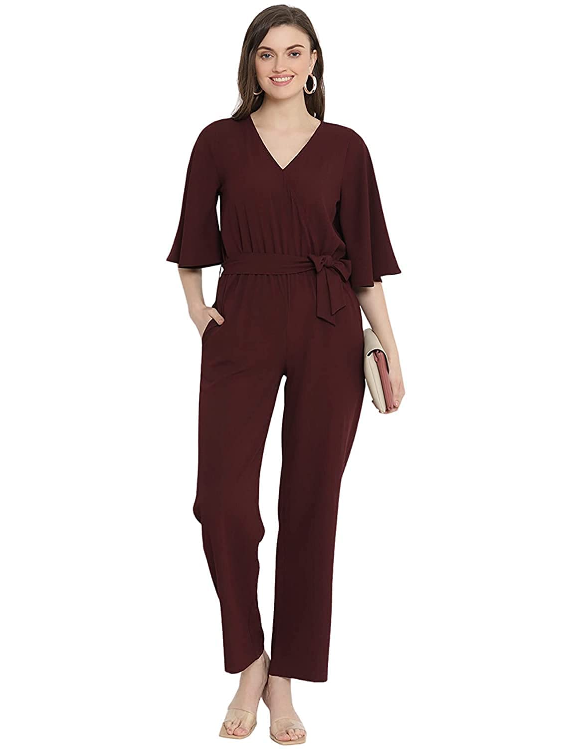 Styleville.in Moss Crepe Wrap Jumpsuit with Flare Sleeve