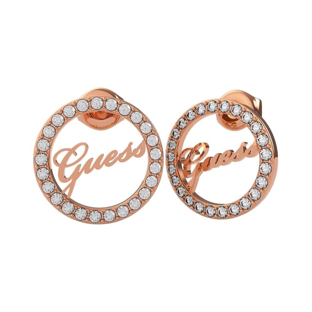 Guess UBE20142 Stainless Steel Zircon Embellished Stone Filigree Logo Stud Earrings for Women - Rose Gold, Zircon