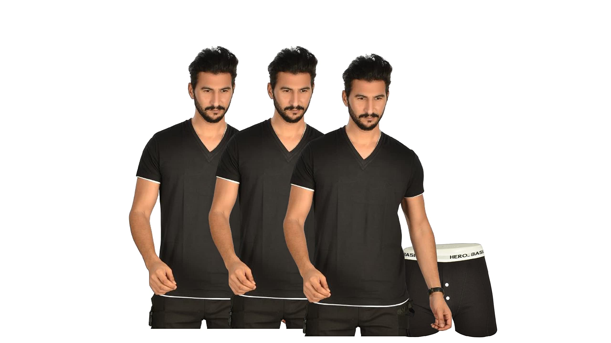 Hero Basic mens Set Of 3 - Double V Neck t-Shirts + Free Boxer Underwear (pack of 5)