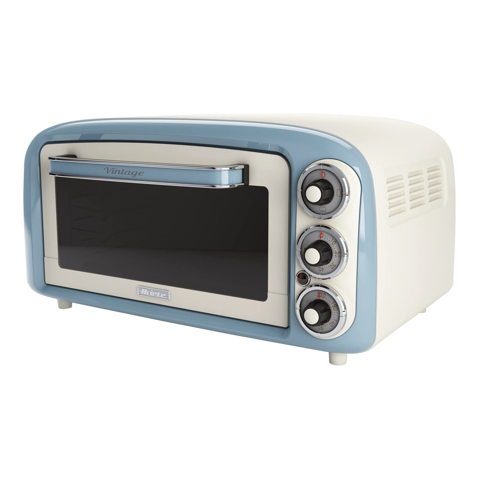 Ariete Mini Vintage Electric Oven, 1380W, 18L, 60Min Timer, 230°C Max Temp, Stainless Steel Grill, 3 Cooking Positions Ideal for Roasting Chicken and Baking Pizza, Pie, Cookies - Blue ART979/05