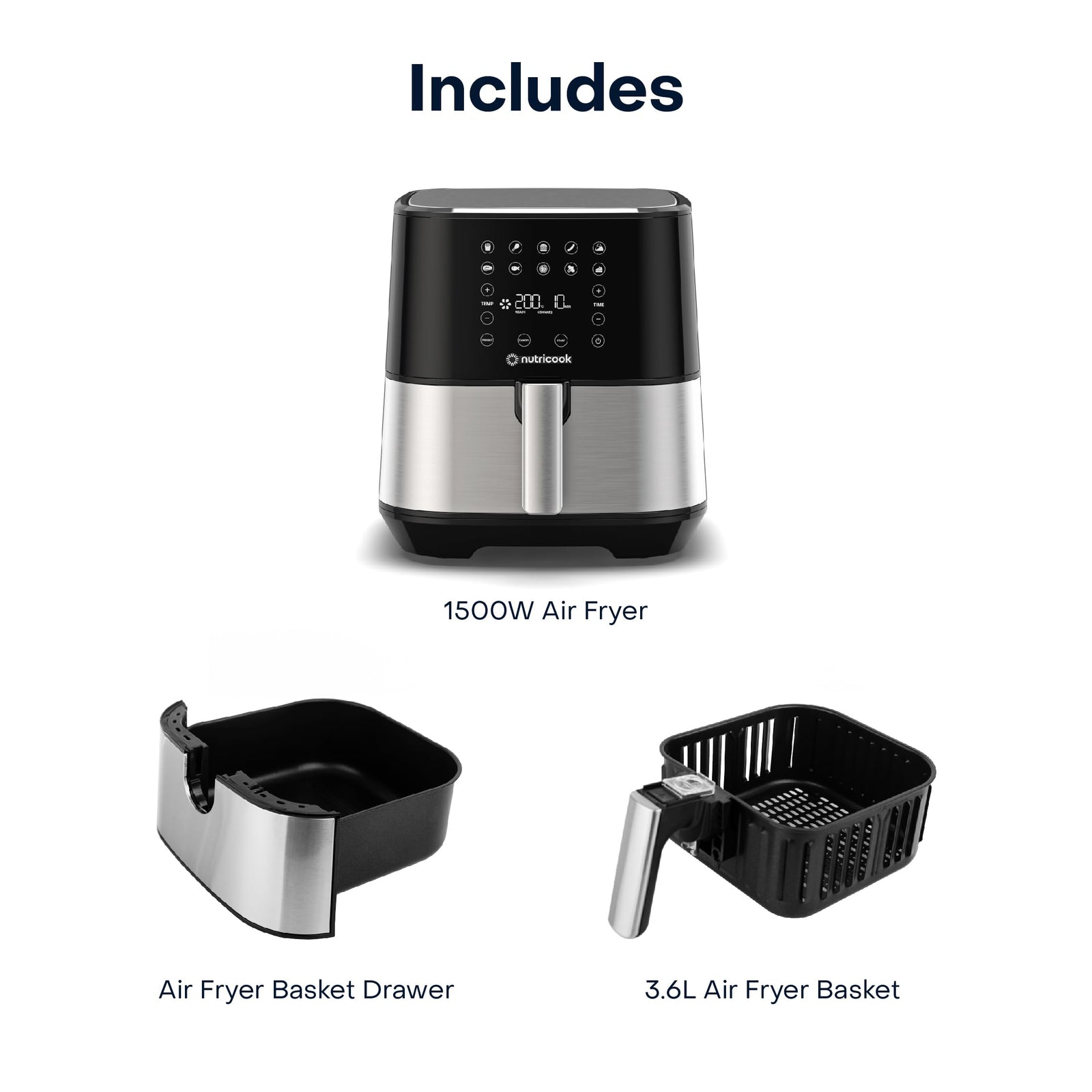 Nutricook Air Fryer 2, 3.6 Liters, 1500 Watts, Digital with 10 Pre-set Programs & Built-In Preheat Function, Stainless Steel/Black