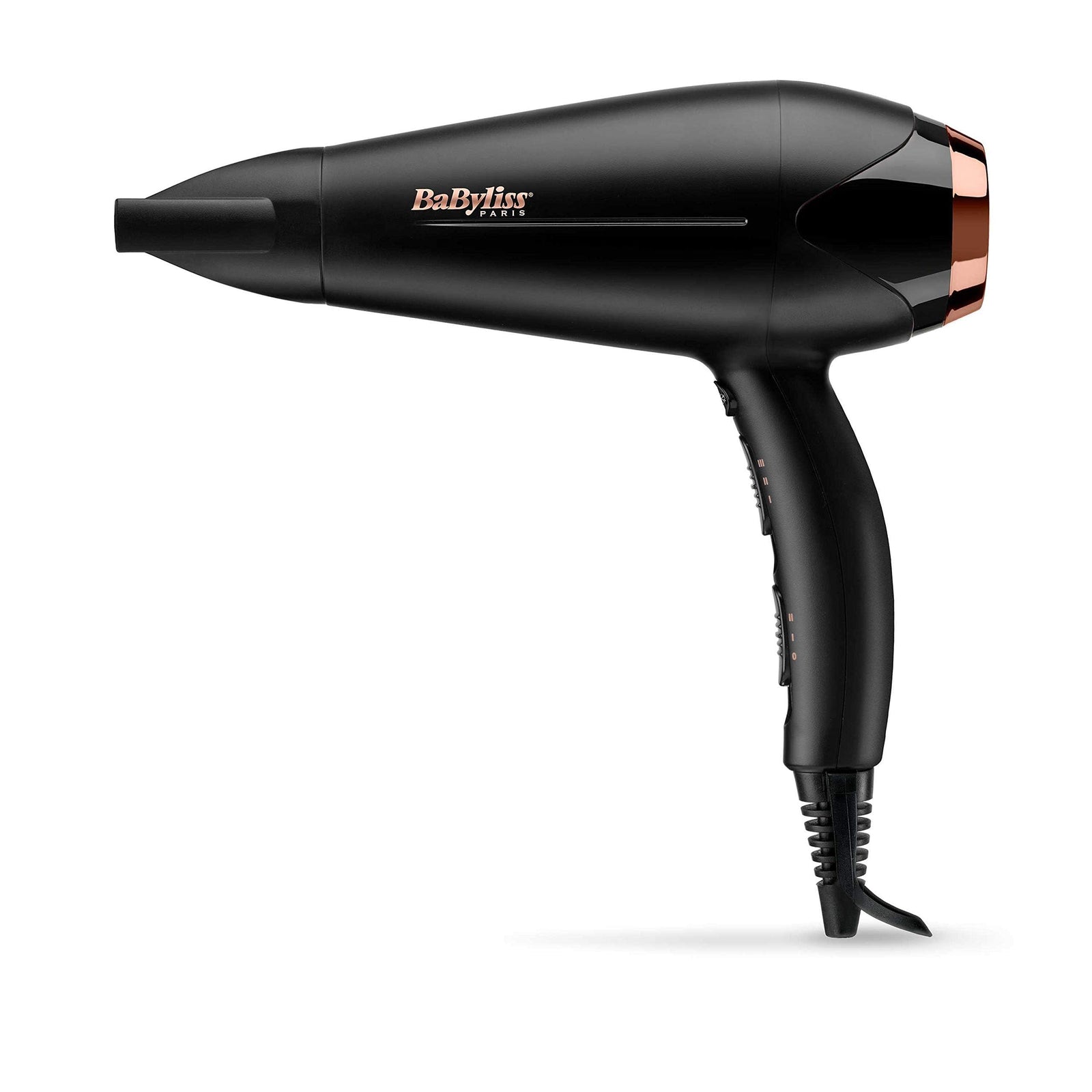 Babyliss Hair Dryer DC Motor, 2200W 3 Heat 2 Speed Cool Shot Slim Concentrator Nozzle, Ionic, Lightweight, Gold Black, Small, Portable with Diffuser D570SDE, 3 YEAR WARRANTY