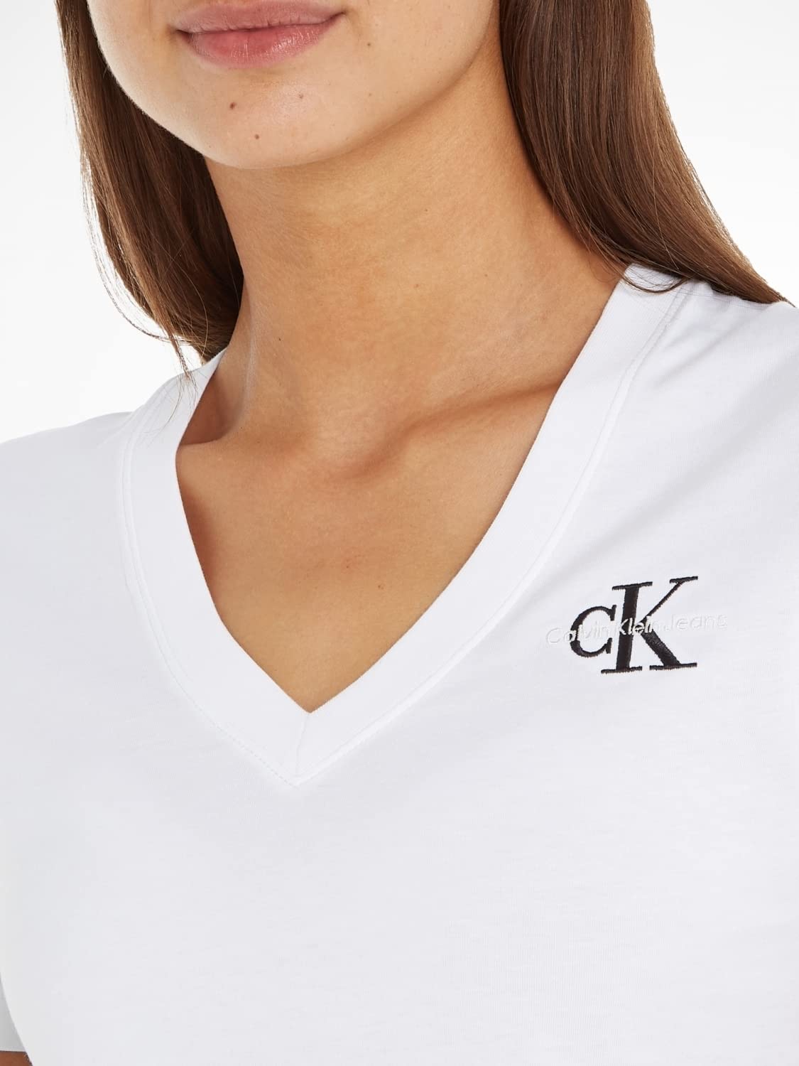 CK JEANS Women's MONOLOGO SLIM V-NEC S/S Knit Tops, Bright White, L