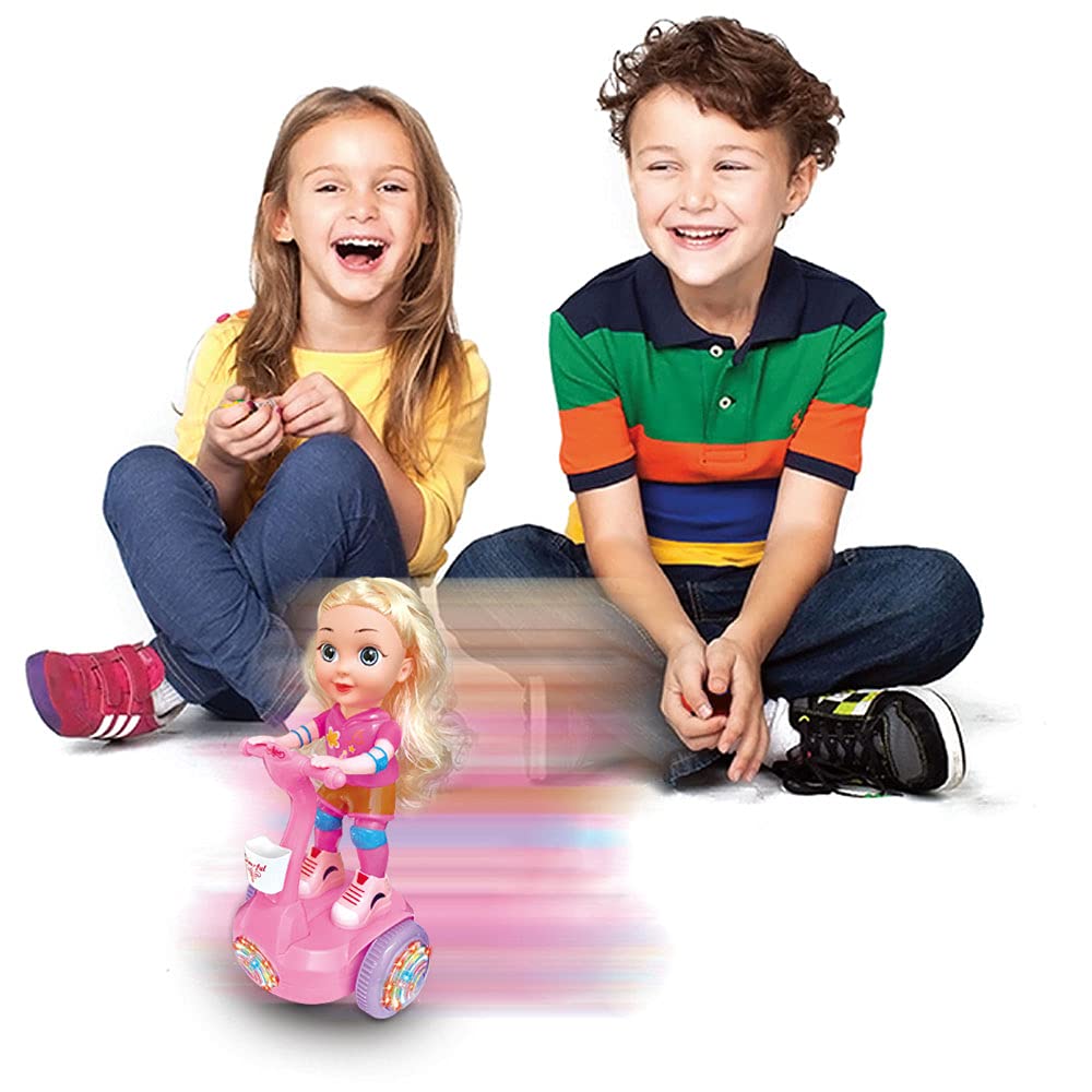 Kidwala magical cute pink doll & yellow hair riding hover balance board, lights & Music with colorful wheels light 360-degree spin doll with battery, an oblique dancing doll with music