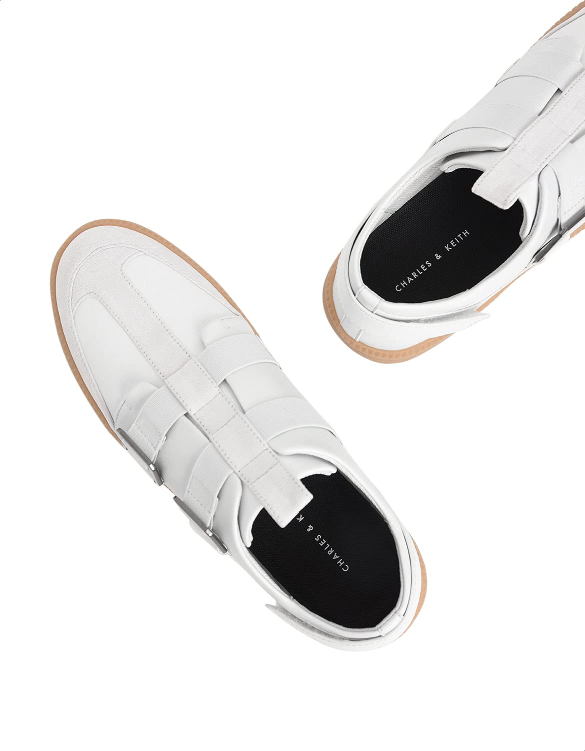 CHARLES & KEITH Women's Side Buckle Suede Faux Leather Slip-on Sneakers - White