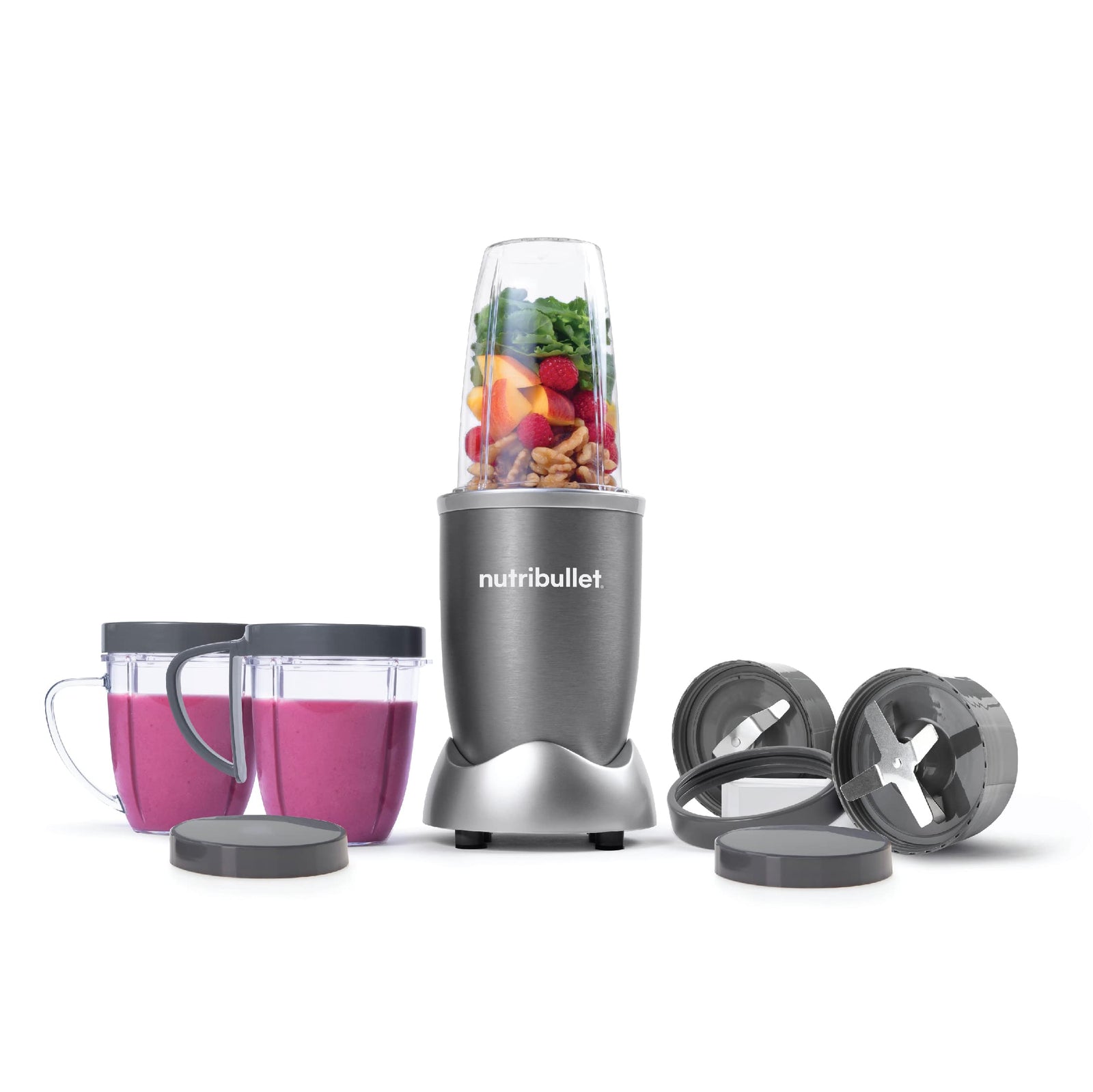 NutriBullet 600 Watts, 9pc Accessories,, Multi-Function High Speed Blender, Mixer System With Nutrient Extractor, Smoothie Maker, Grey, NBR-1212M, 1-year limited warranty