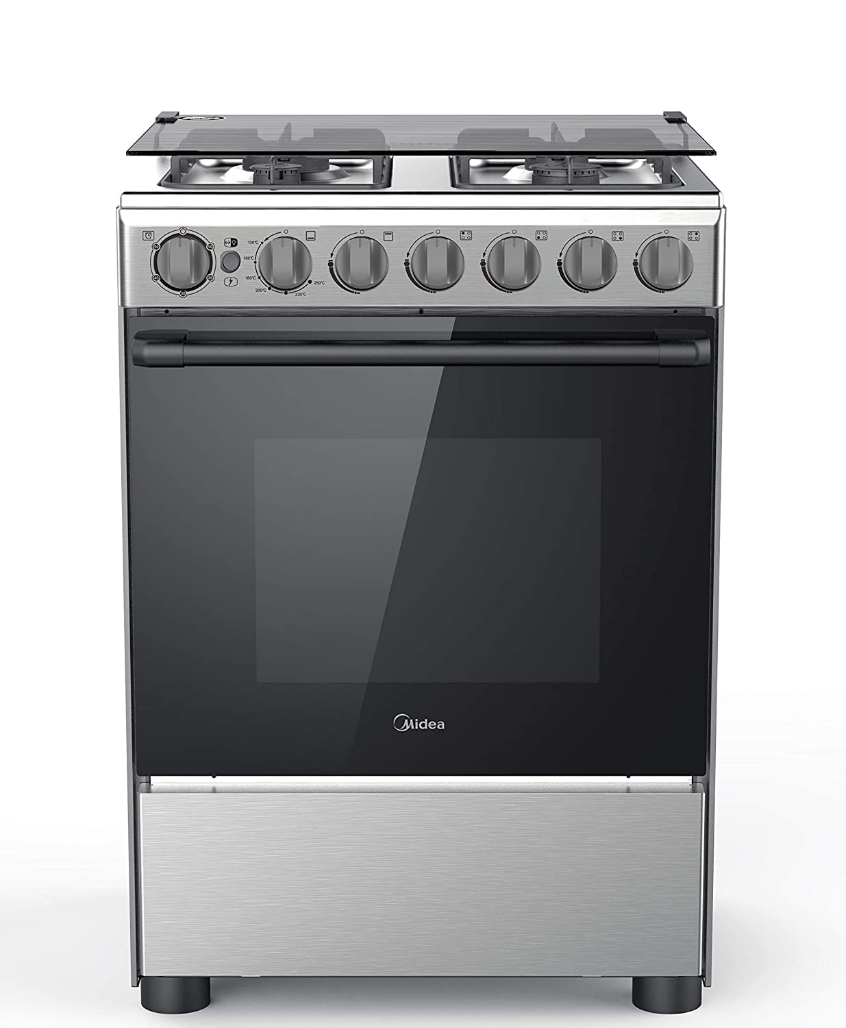 Midea 60x60cm Freestanding Cooker, Full Gas Cooking Range with 4 Burners, Automatic Ignition & Safety, Cast Iron Pan Support, Stainless Steel Finish, Separate Knob for Oven Grill, BME62058FFD-D