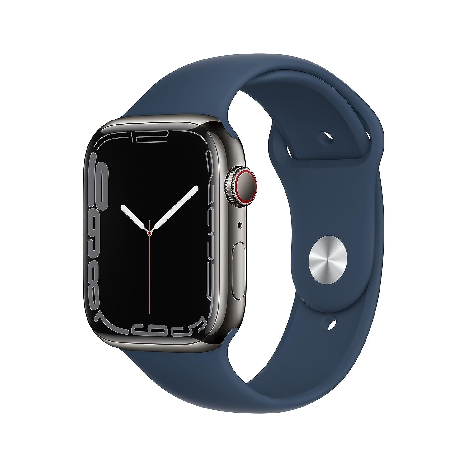 Apple Watch Series 7 (GPS + Cellular, 45mm) Smart watch - Graphite Stainless Steel Case with Abyss Blue Sport Band - Regular. Fitness Tracker, Blood Oxygen & ECG Apps, Water Resistant