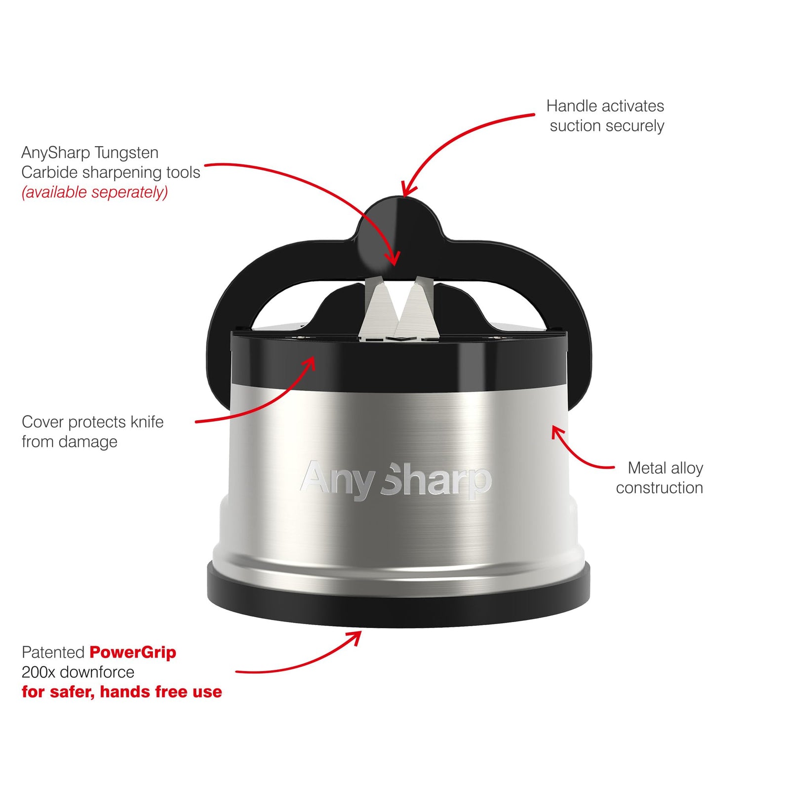 AnySharp Pro Knife Sharpener (Metal) with Suction Cup, Brushed Metal Finish, One Size