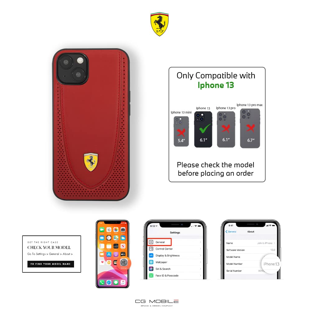 Ferrari FEHCP13MRGOR Genuine Leather Hard Case With Curved Line Stitched And Perforated Leather For Iphone 13 - 6.1 Inch - Red