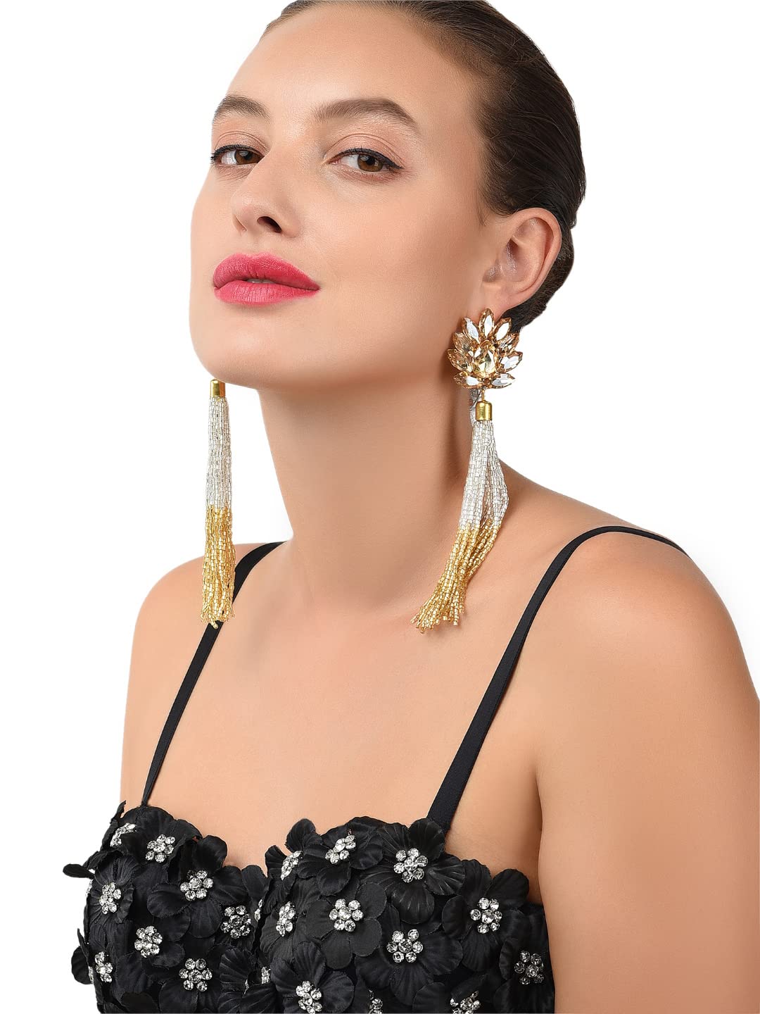 ZAVERI PEARLS Sparkling Crystals 22K Metal Gold Plated Fashion Forward Tassel Earring For Women-Zpfk7531
