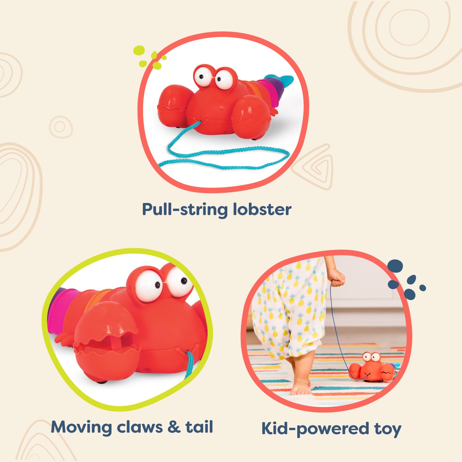 B. toys by Battat Pull Along Lobster Toy – Push or Pull – Waggle-A-Longs – Pinchy Pat – Walking Toy with String – Baby, Toddler, Kids – 18 Months +